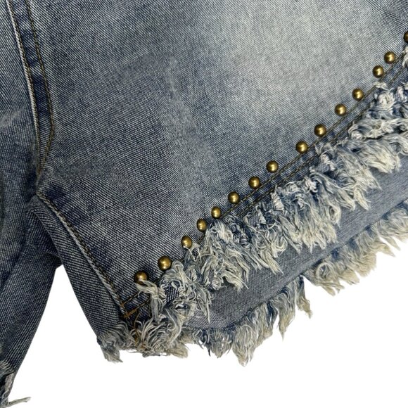 Women Studded Denim Shorts Size XL High Elastic Waist Decorated Studs Frayed Hem - Picture 8 of 12